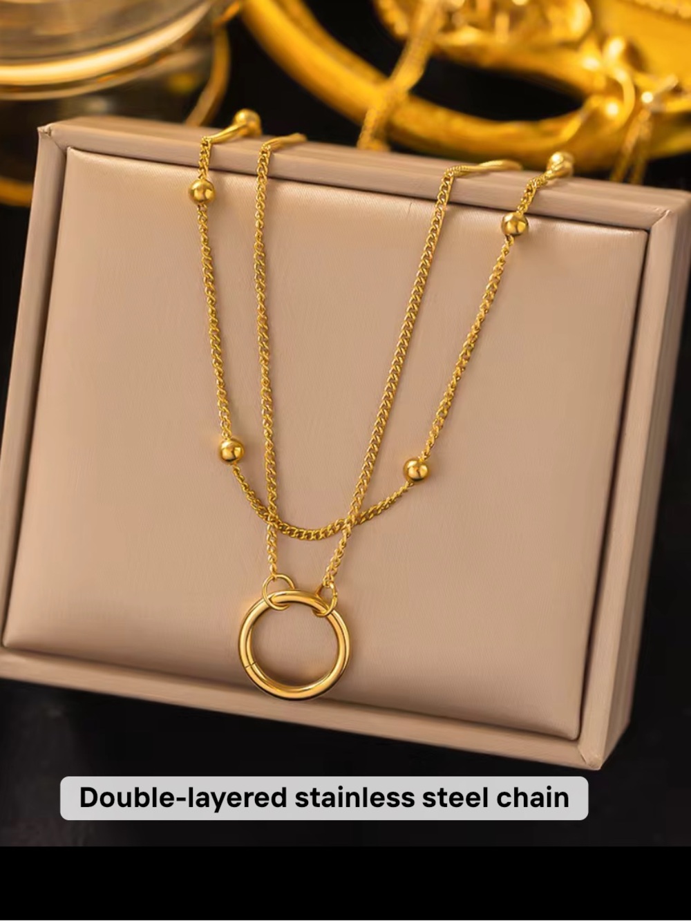 Gold Double-Layered Circle stainless steel Pendant Necklace – Women Jewelry
